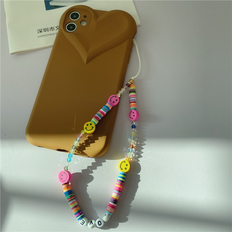 Cute Love Heart iPhone Case With Round Beads Chain