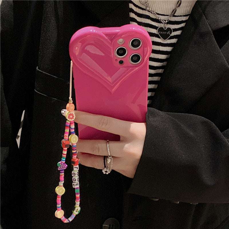 Cute Love Heart iPhone Case With Round Beads Chain